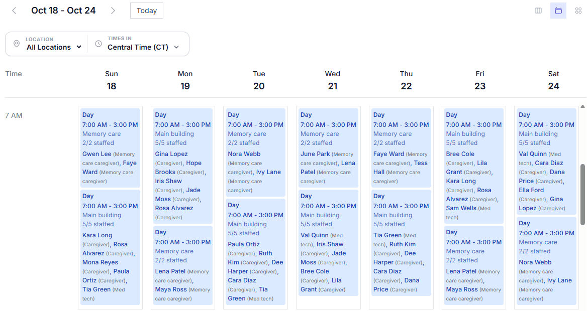 XShift AI's Schedule page after generating October 18 to 24 for a 60-resident assisted living community: every 7 a.m. to 3 p.m. day shift reads 5/5 staffed in the Main building and 2/2 staffed in Memory care, with each person's name and role.