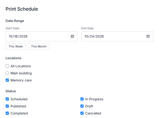 XShift AI's print window with a date range set and only the Memory care building ticked, ready to print that unit's shifts for October 18 to 24.