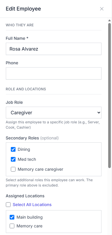 Rosa Alvarez's Edit Employee panel in XShift AI: Caregiver as her job role, Dining and Med tech ticked as secondary roles, and the Main building as her location.