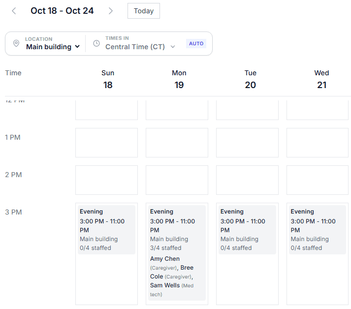 XShift AI's Schedule page filtered to the Main building for October 18 to 24: Monday's 3 p.m. to 11 p.m. Evening shift reads 3/4 staffed, with two caregivers and a med tech named, while the other evenings are not yet filled.
